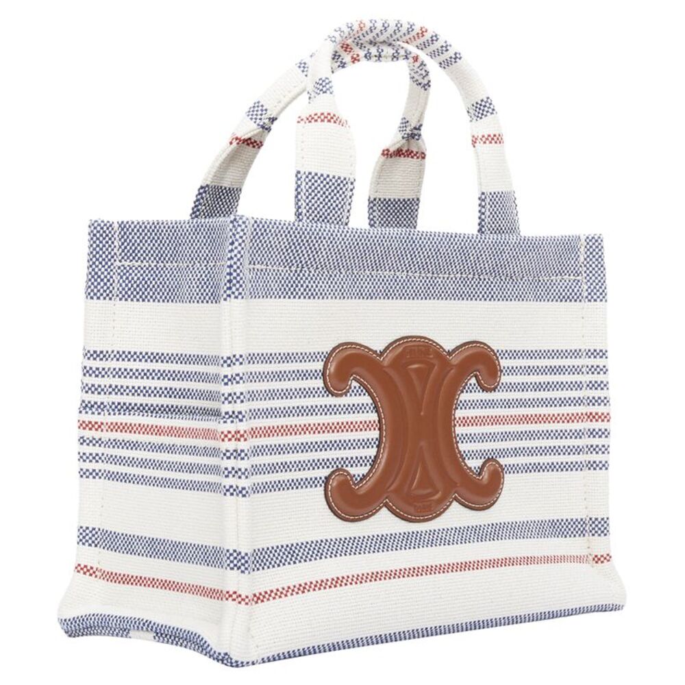 Celine Small Cabas Thais Striped Textile Canvas Calfskin Triomphe Bag - Picture 3 of 6